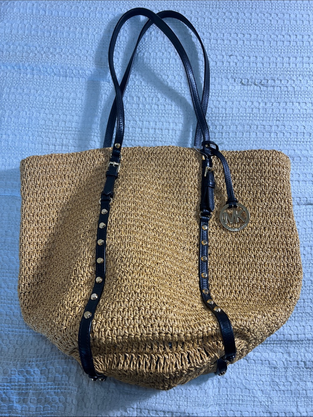 Michael Kors Tan Straw Tote with Black Leather Straps